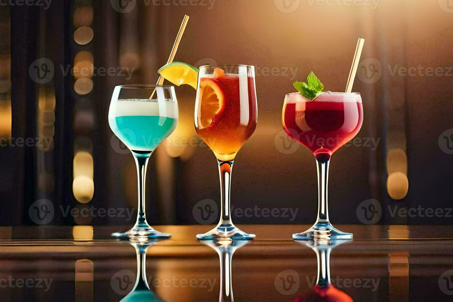 three different cocktails in glasses on a table. AI-Generated photo