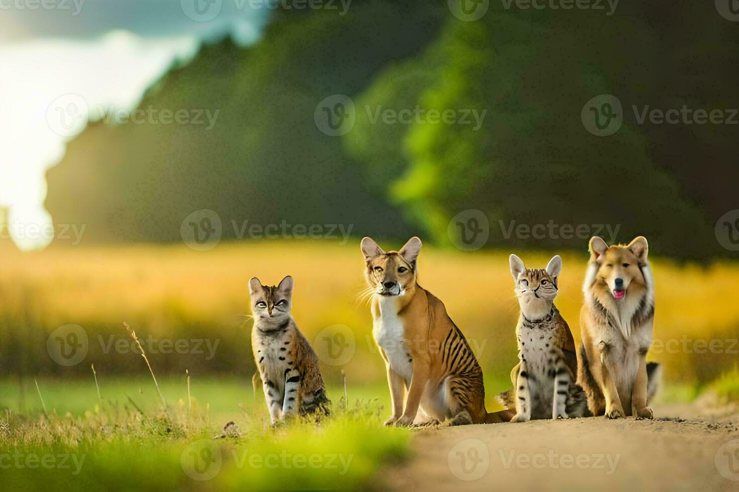 four cats sitting on a road in the middle of a field. AI-Generated photo