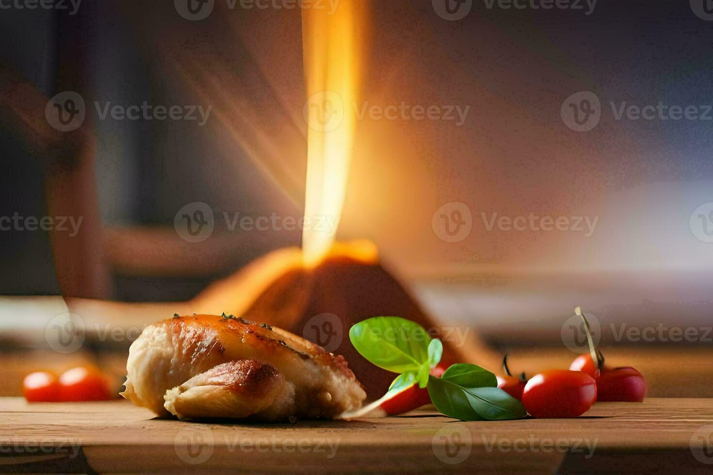 a piece of chicken on a wooden cutting board with cherry tomatoes. AI-Generated photo