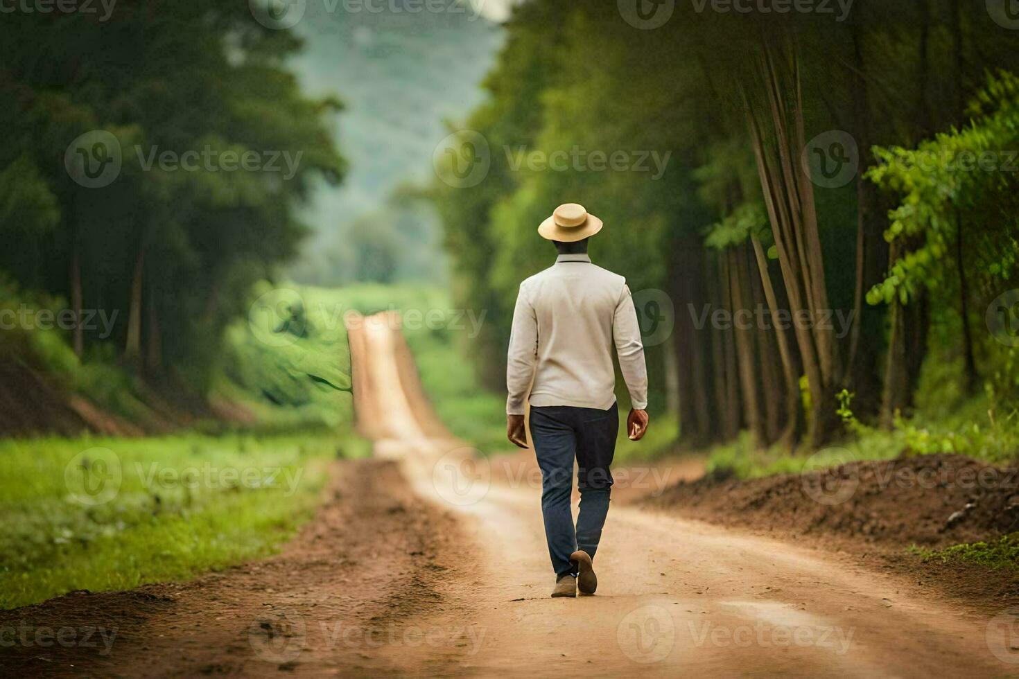 un hombre en un sombrero camina abajo un suciedad la carretera. generado por ai foto