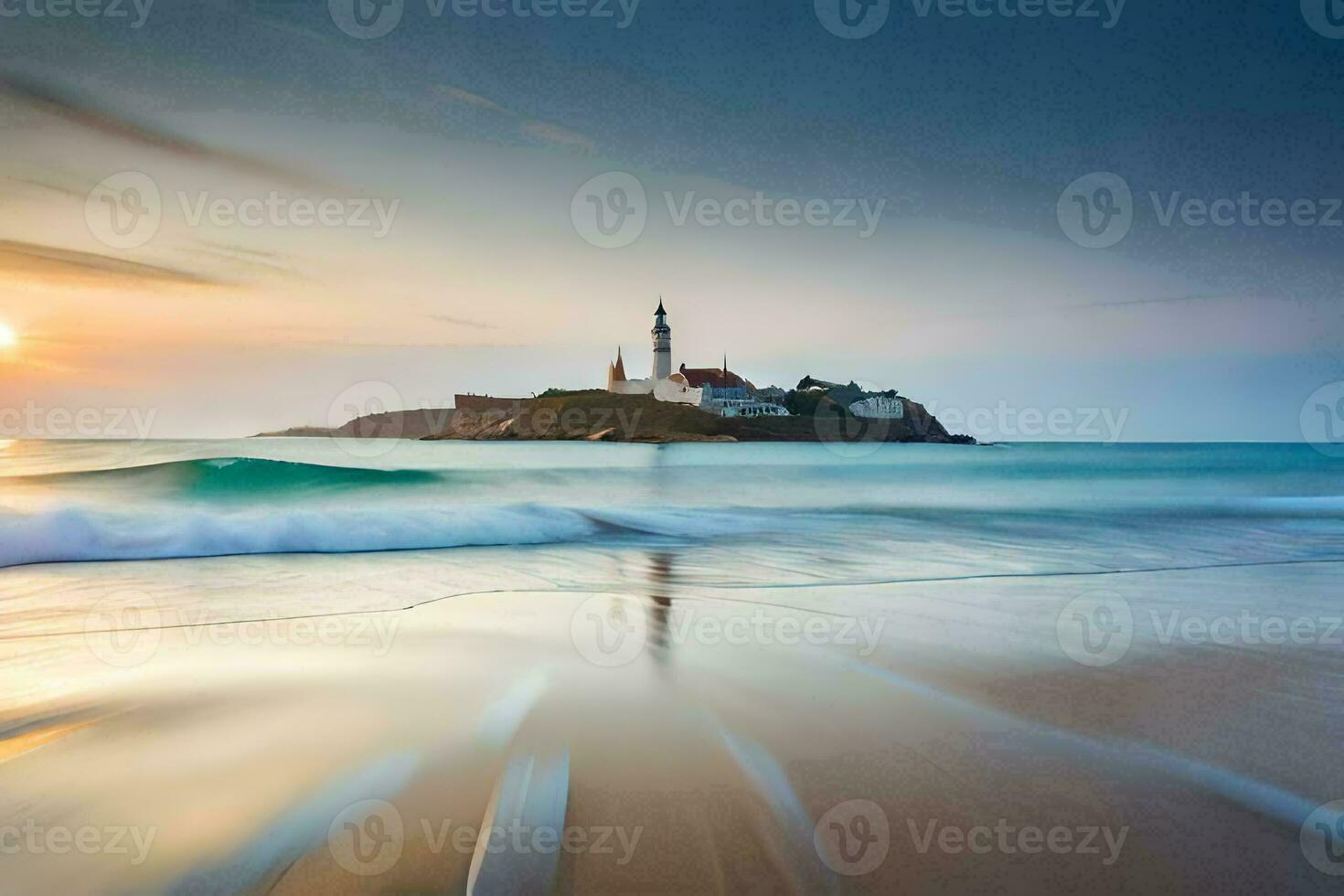 un faro en un playa a puesta de sol con olas estrellarse dentro el costa. generado por ai foto