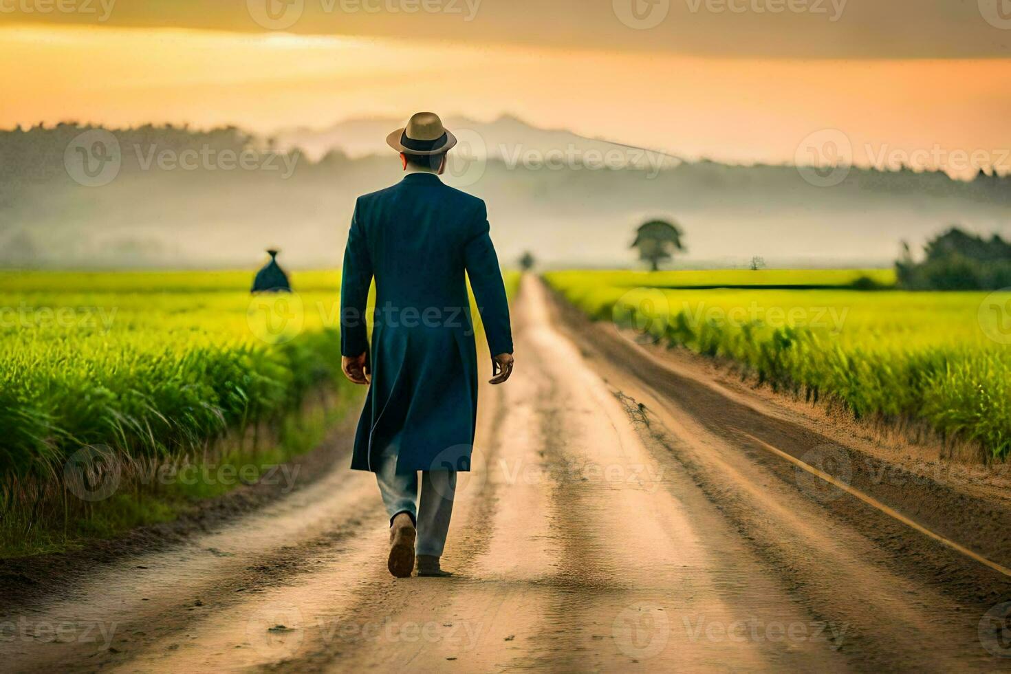 a man in a suit walks down a dirt road. AI-Generated photo