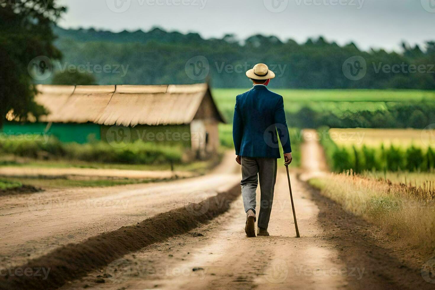 un hombre caminando abajo un suciedad la carretera con un caña. generado por ai foto