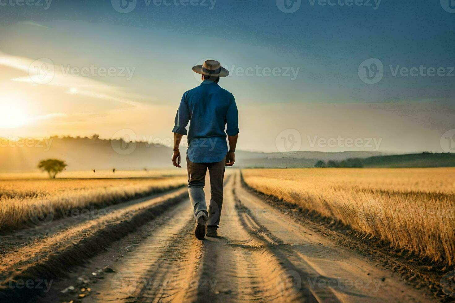 un hombre en un sombrero camina abajo un suciedad la carretera a puesta de sol. generado por ai foto