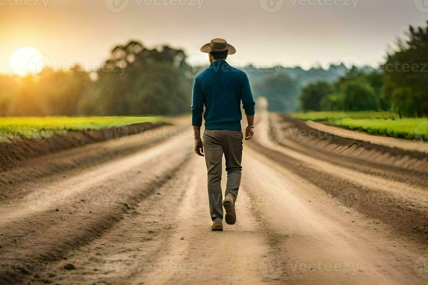 a man walking down a dirt road at sunset. AI-Generated photo