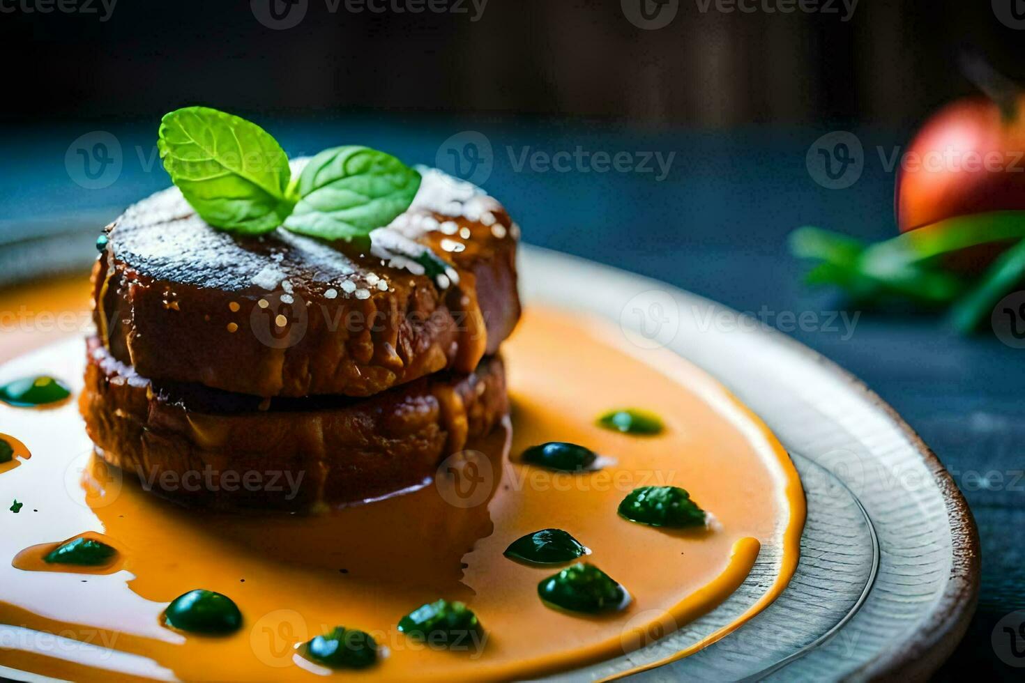 a plate topped with a piece of meat and sauce. AI-Generated photo