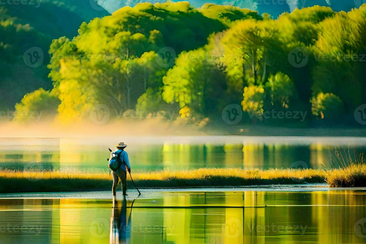 a man is walking across a lake with a backpack. AI-Generated photo