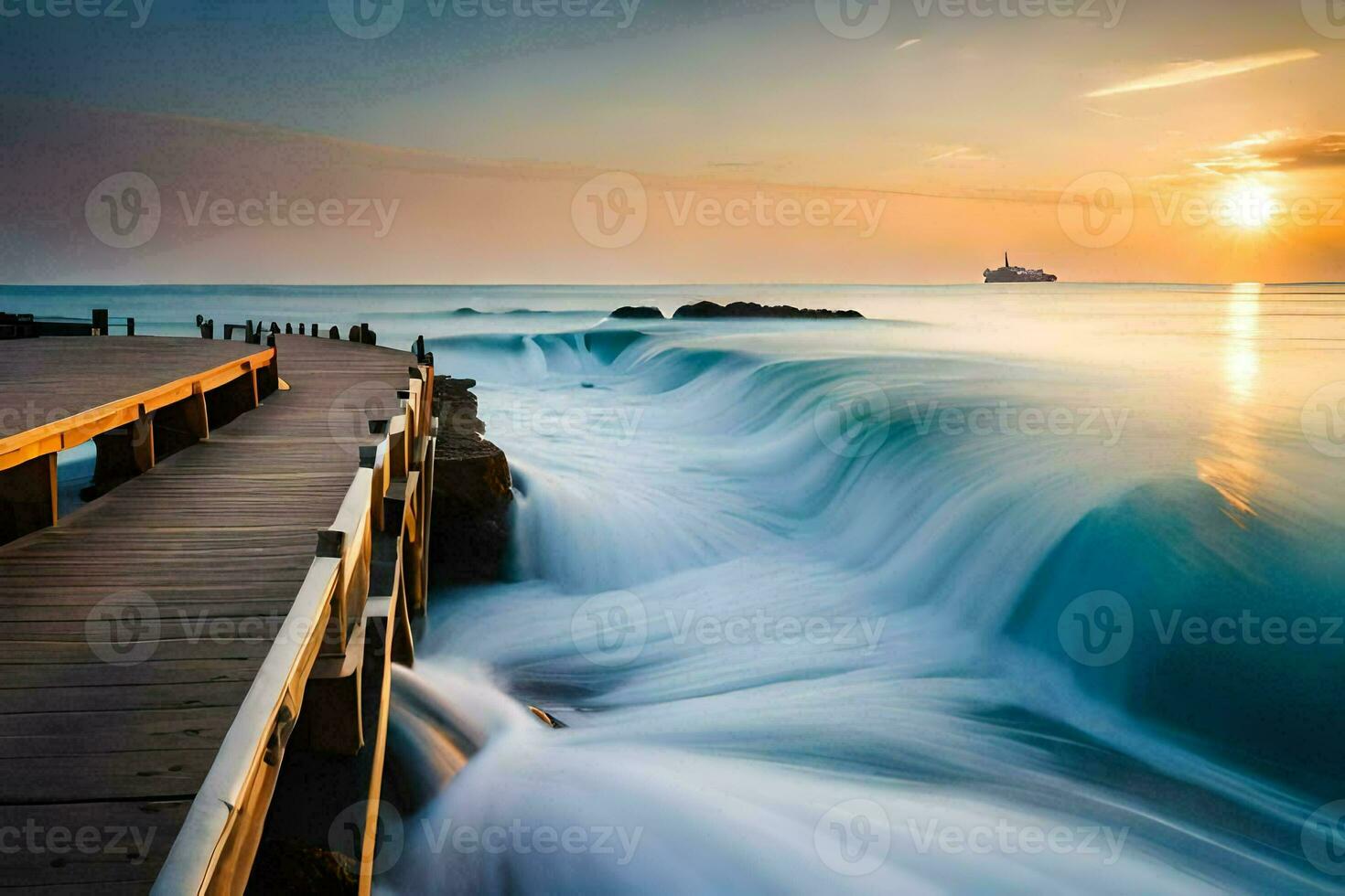 a wooden pier with waves crashing into it. AI-Generated photo