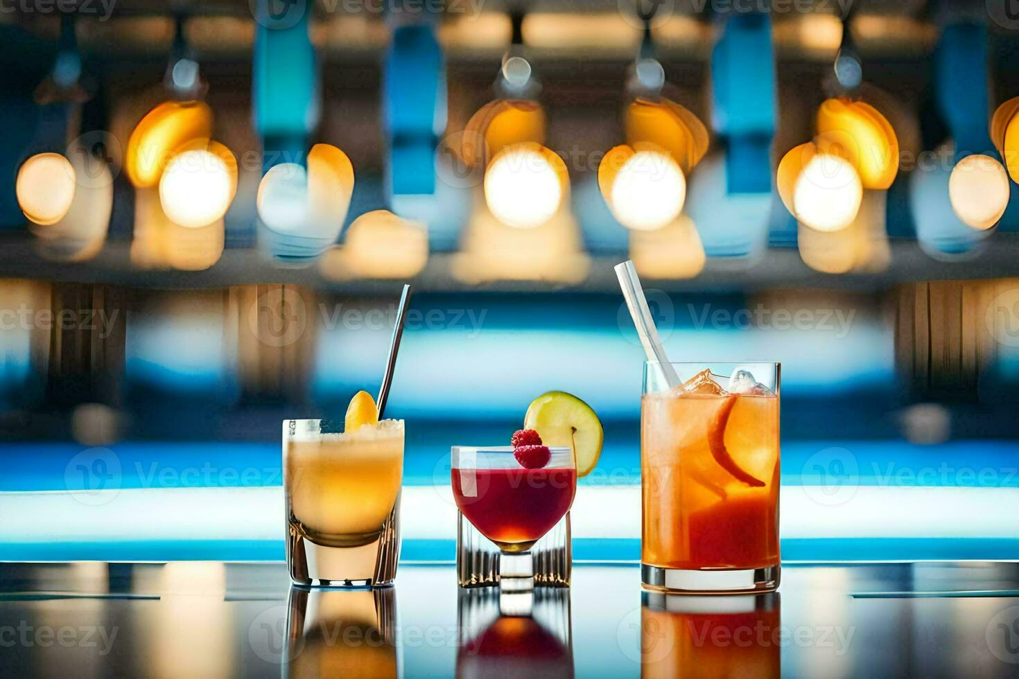 three different types of alcoholic drinks on a bar counter. AI-Generated photo