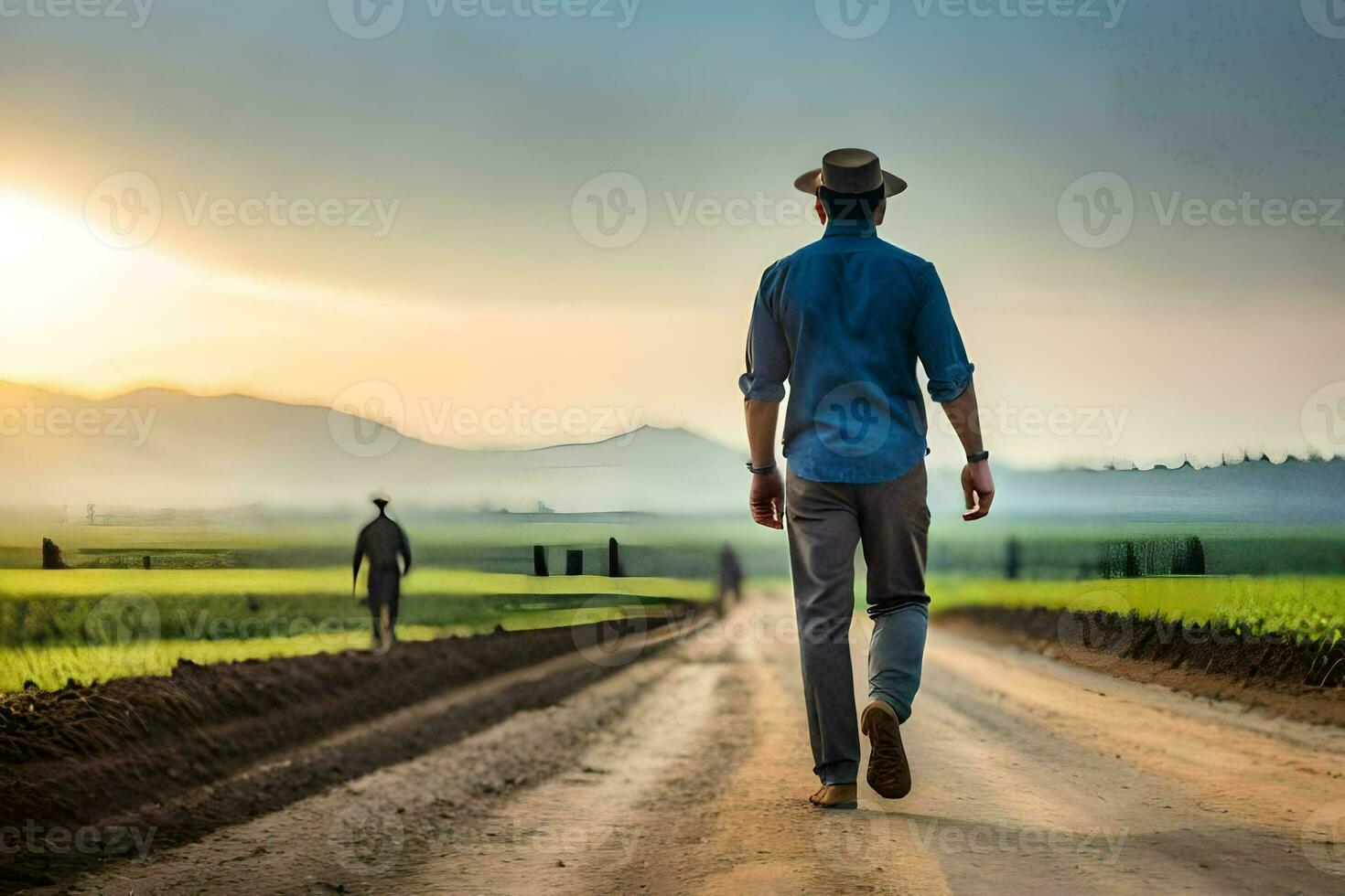 a man walking down a dirt road with a hat on. AI-Generated photo