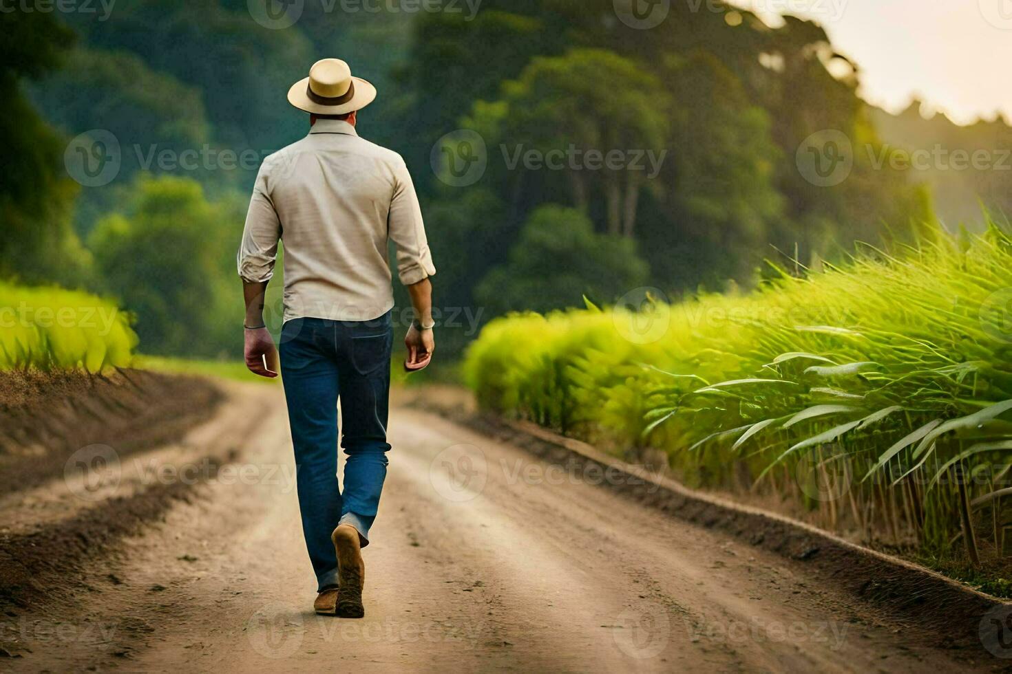 hombre caminando en un suciedad la carretera en el medio de un campo. generado por ai foto