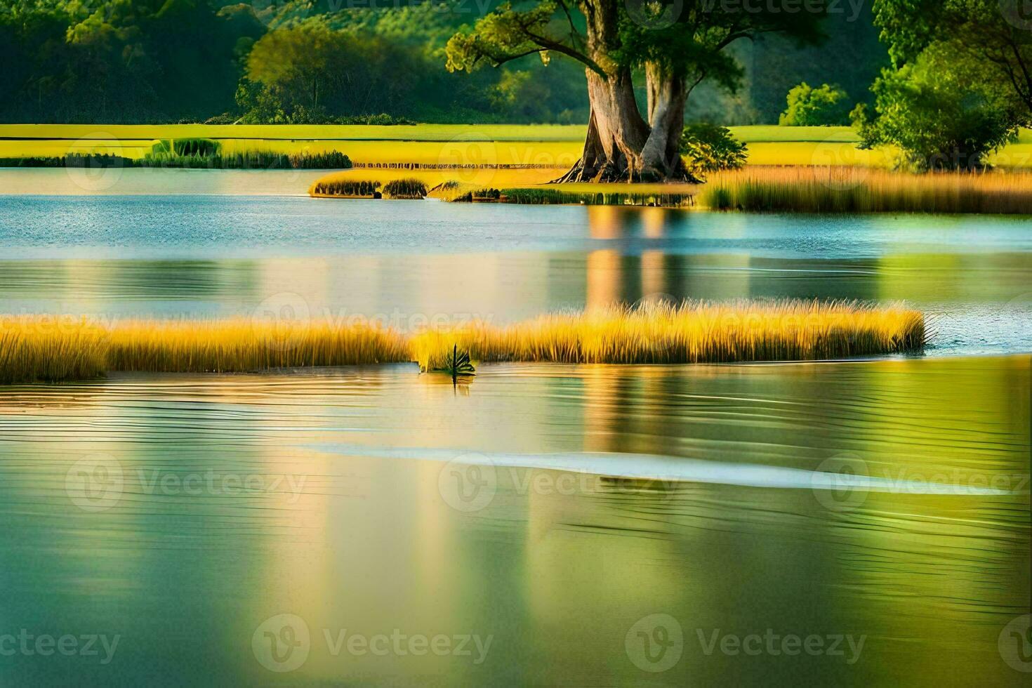 un árbol en el medio de un lago con césped y agua. generado por ai foto