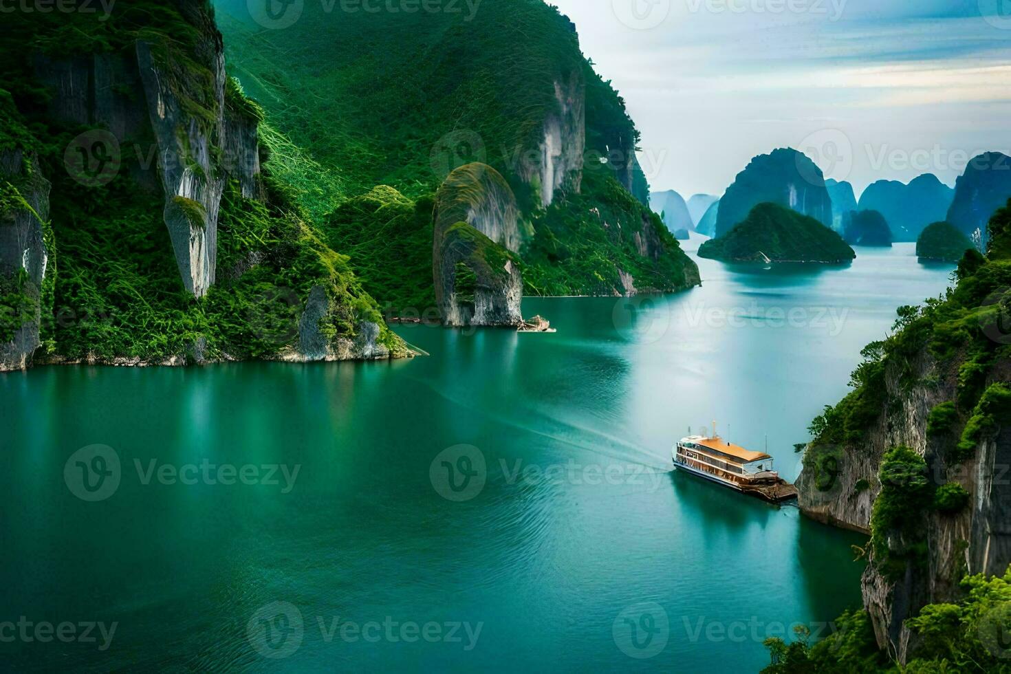 the boat is sailing through the water near some cliffs. AI-Generated photo