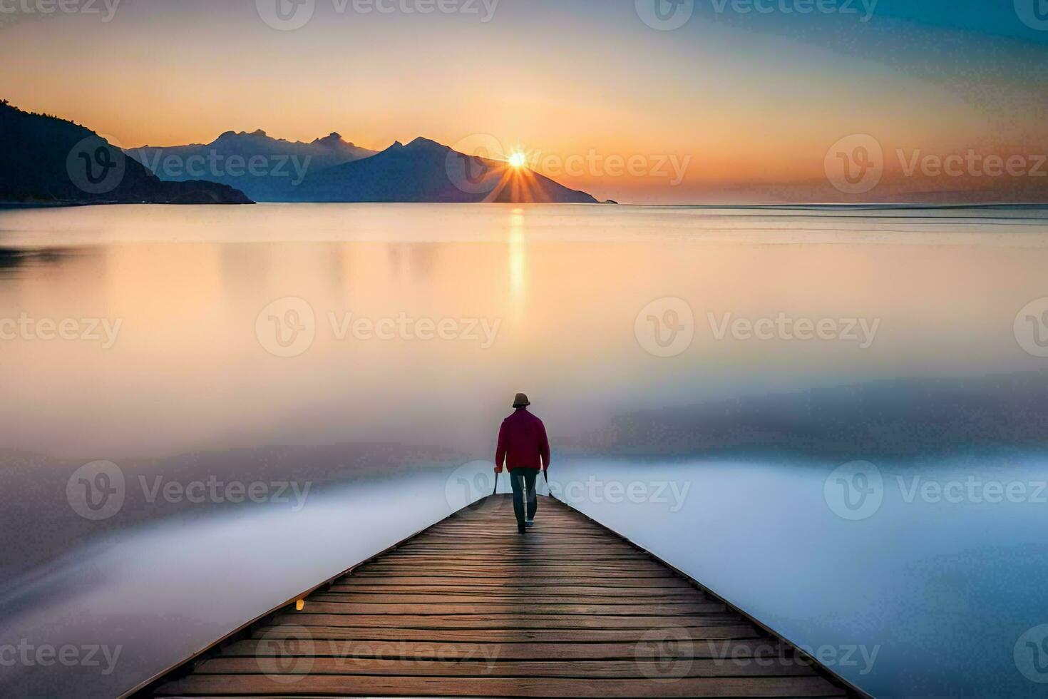 a man standing on a pier looking at the sun setting over the water. AI-Generated photo