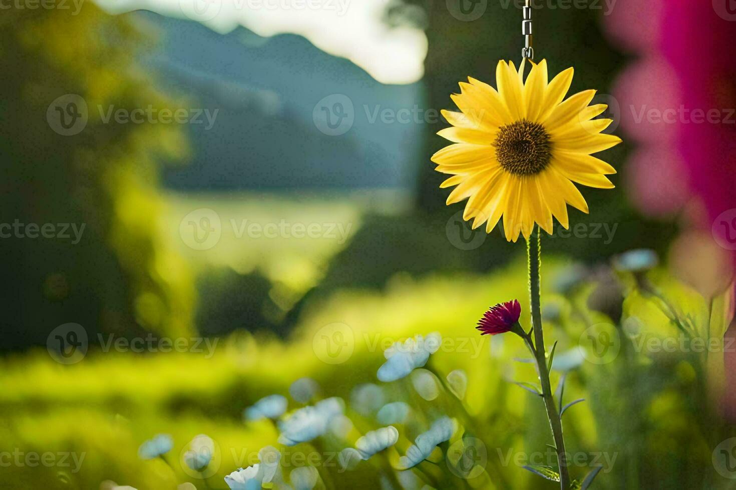 a single yellow sunflower is standing in a field. AI-Generated photo
