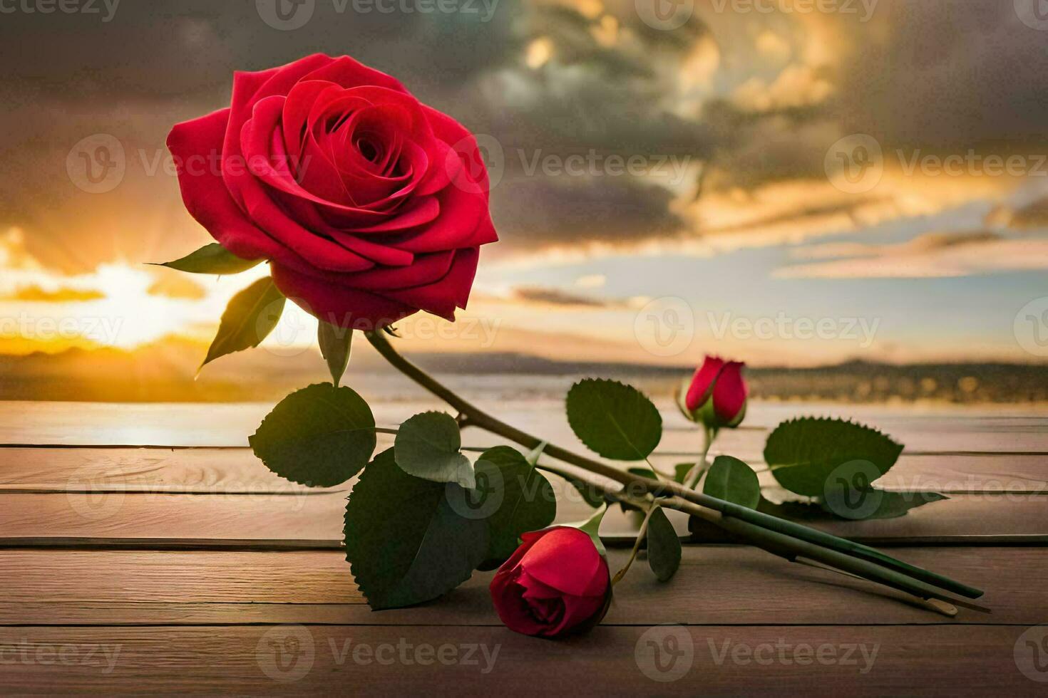 two red roses on a wooden table with sunset in the background. AI-Generated photo