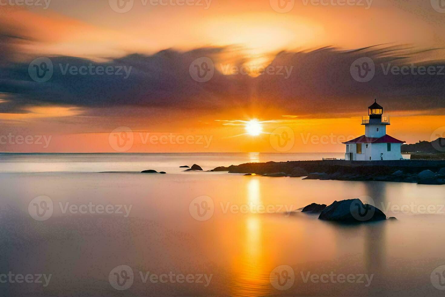 a lighthouse is seen in the sunset with clouds in the background. AI-Generated photo