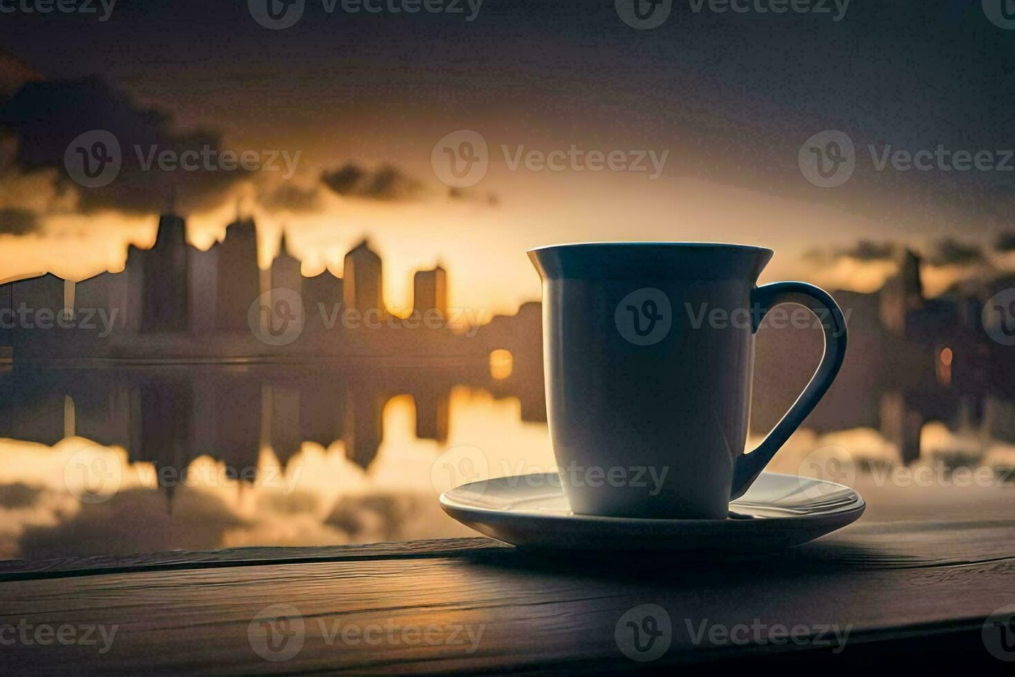 coffee cup on the table with city in the background. AI-Generated photo