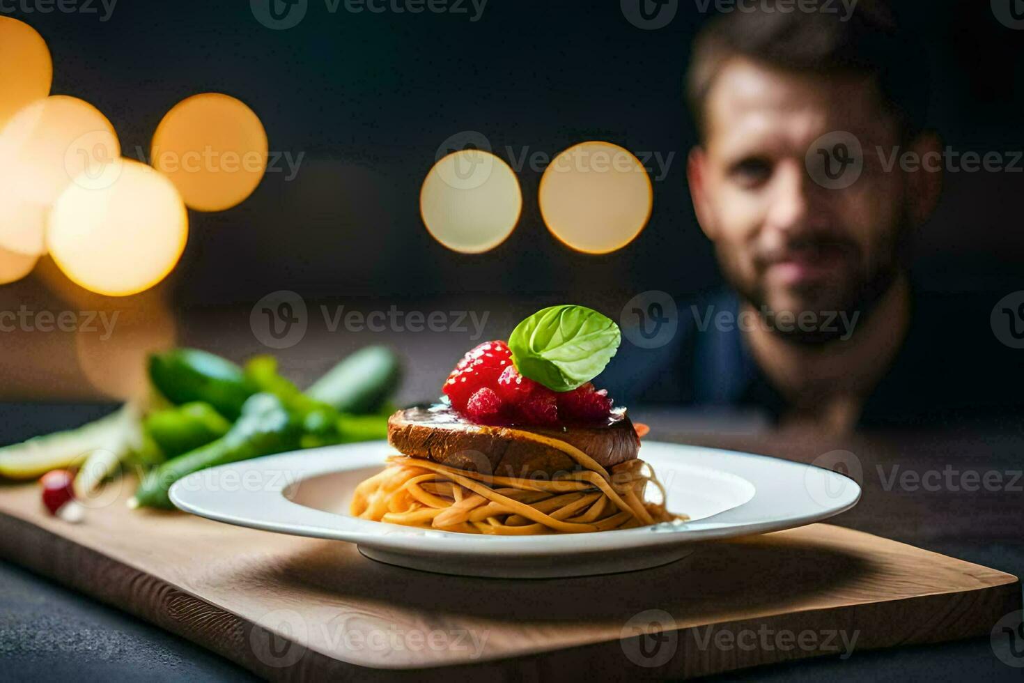 un hombre sentado a un mesa con un plato de alimento. generado por ai foto