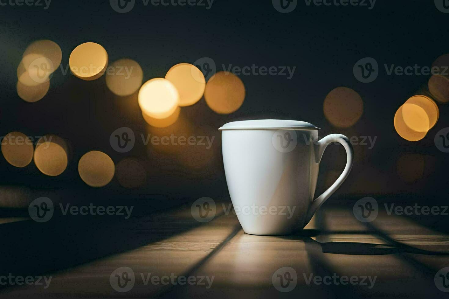 a coffee cup on a table in front of a blurred background. AI-Generated photo