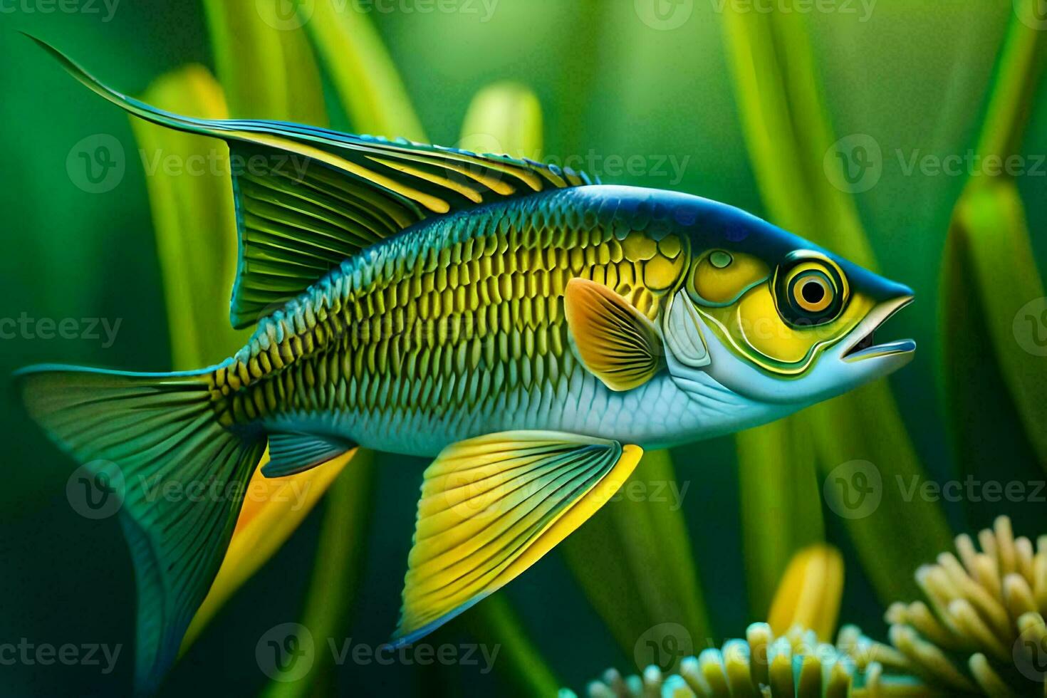 fish in the ocean with green plants and algae. AI-Generated photo
