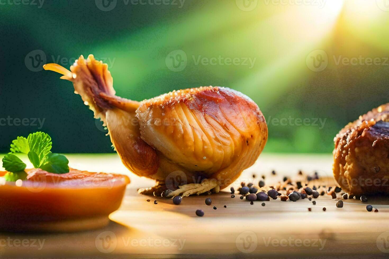 two pieces of chicken on a wooden table. AI-Generated photo