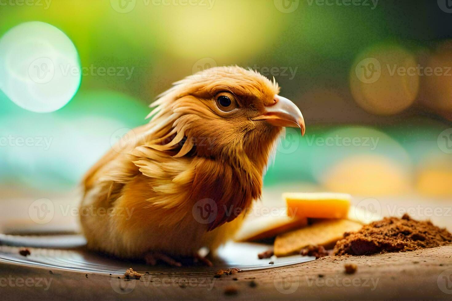 a small bird sitting on a plate with some food. AI-Generated photo