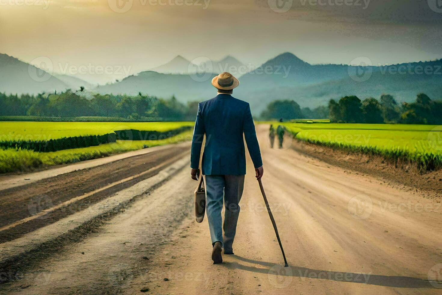 un hombre caminando abajo un suciedad la carretera con caña. generado por ai foto