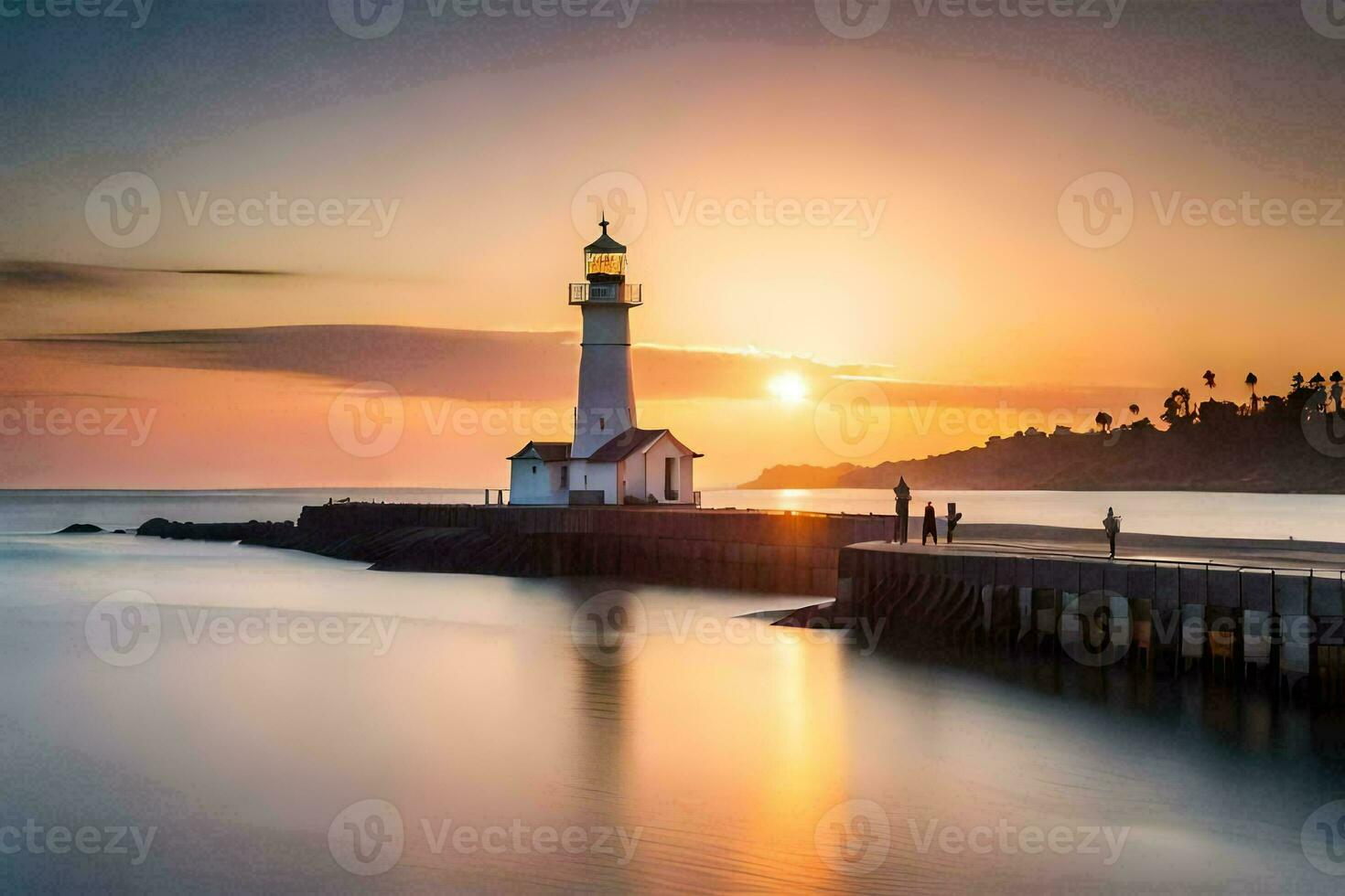 a lighthouse stands on the shore of a body of water at sunset. AI-Generated photo