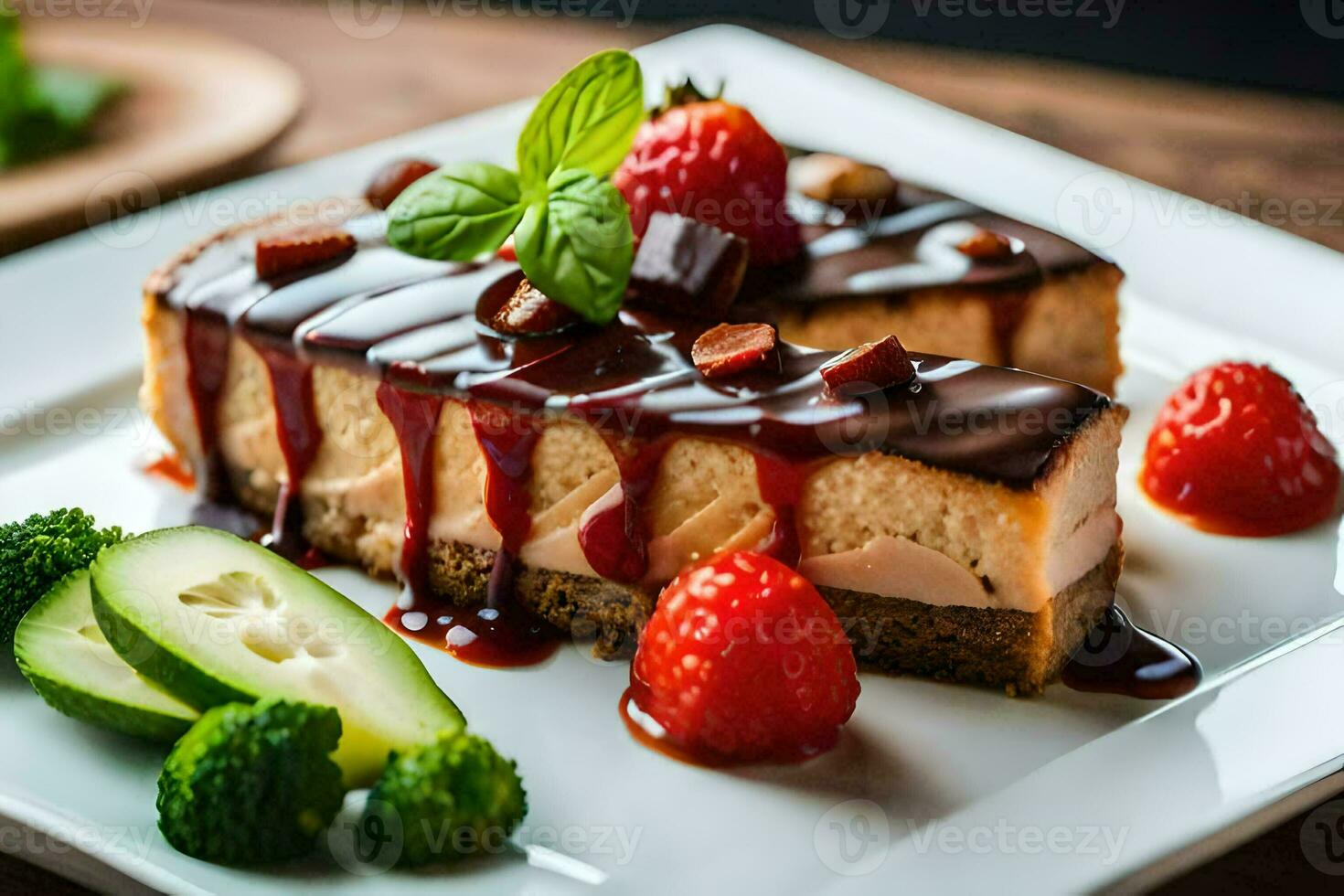 a slice of cheesecake with strawberries and cucumbers. AI-Generated photo