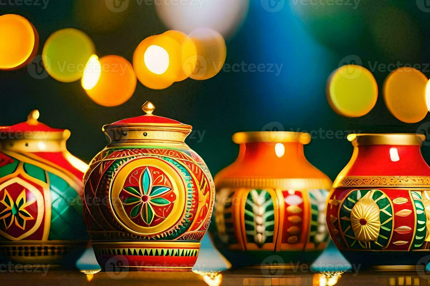 colorful vases with lights in the background. AI-Generated photo
