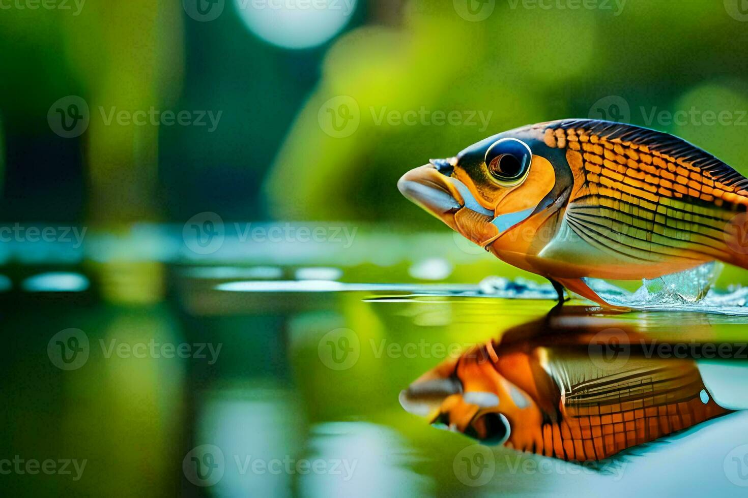 a fish with a black and white striped body is reflected in the water. AI-Generated photo