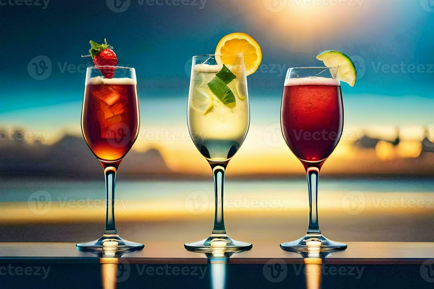 Tres lentes de diferente bebidas con un puesta de sol en el antecedentes. generado por ai foto