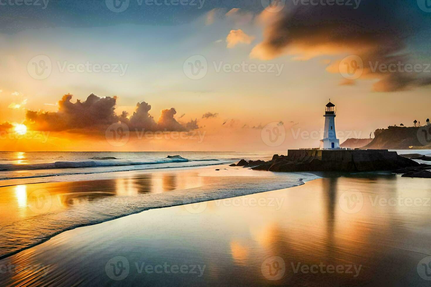 the lighthouse at sunset on the beach. AI-Generated photo