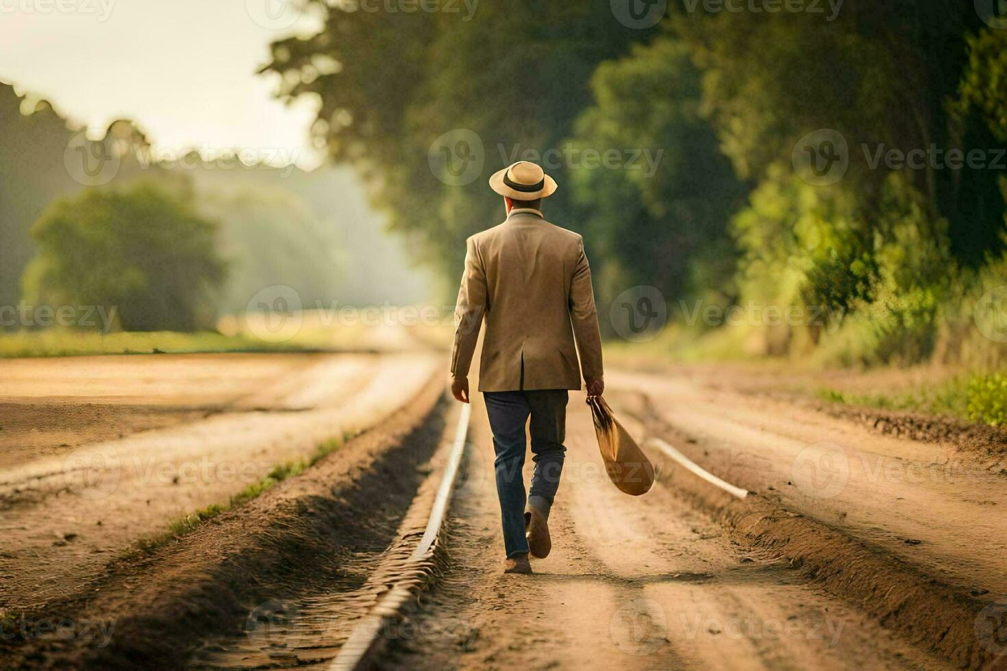 a man in a hat and suit walking down a dirt road. AI-Generated photo