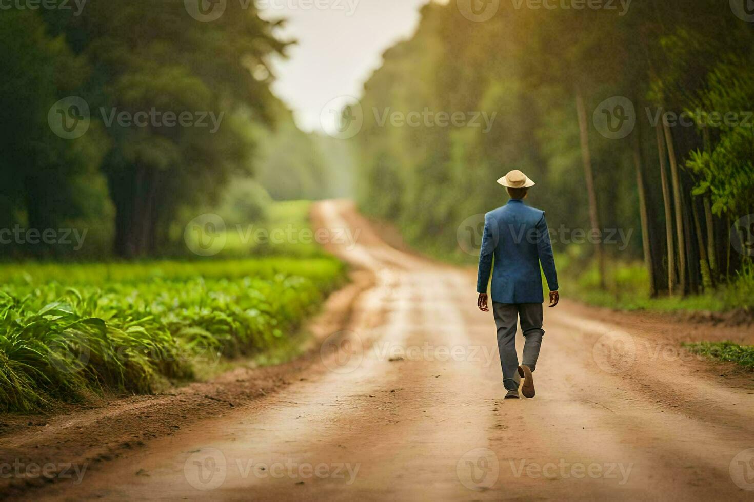 a man in a suit and hat walks down a dirt road. AI-Generated photo