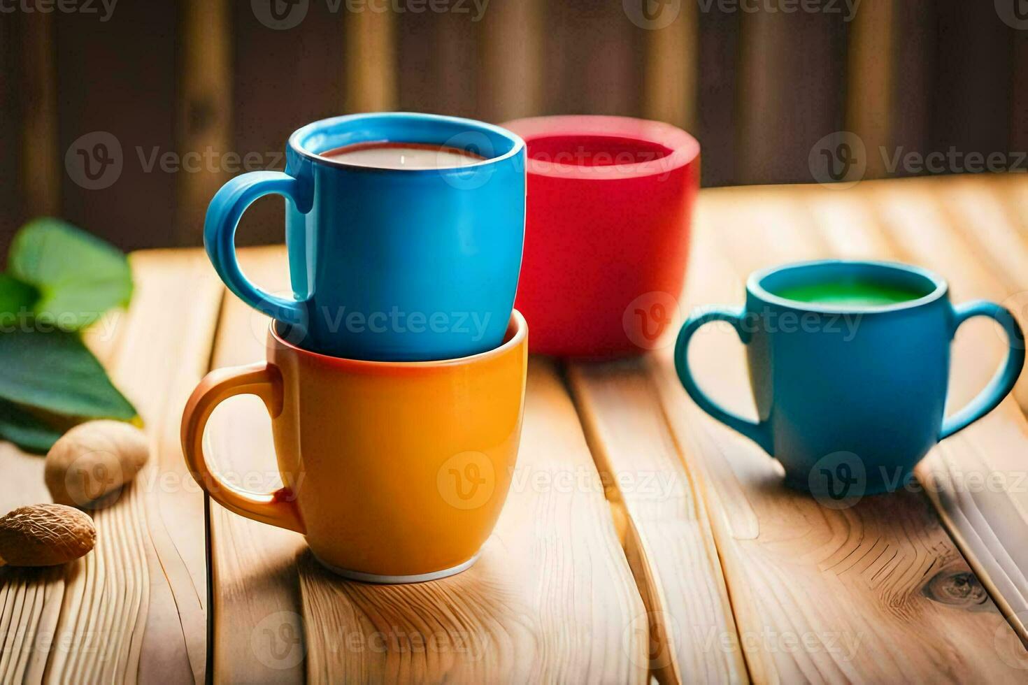 three colorful coffee cups on a wooden table. AI-Generated photo
