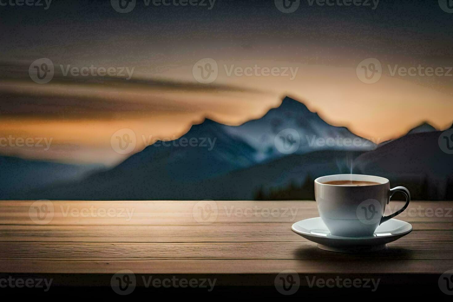 coffee cup on the table with mountains in the background. AI-Generated photo