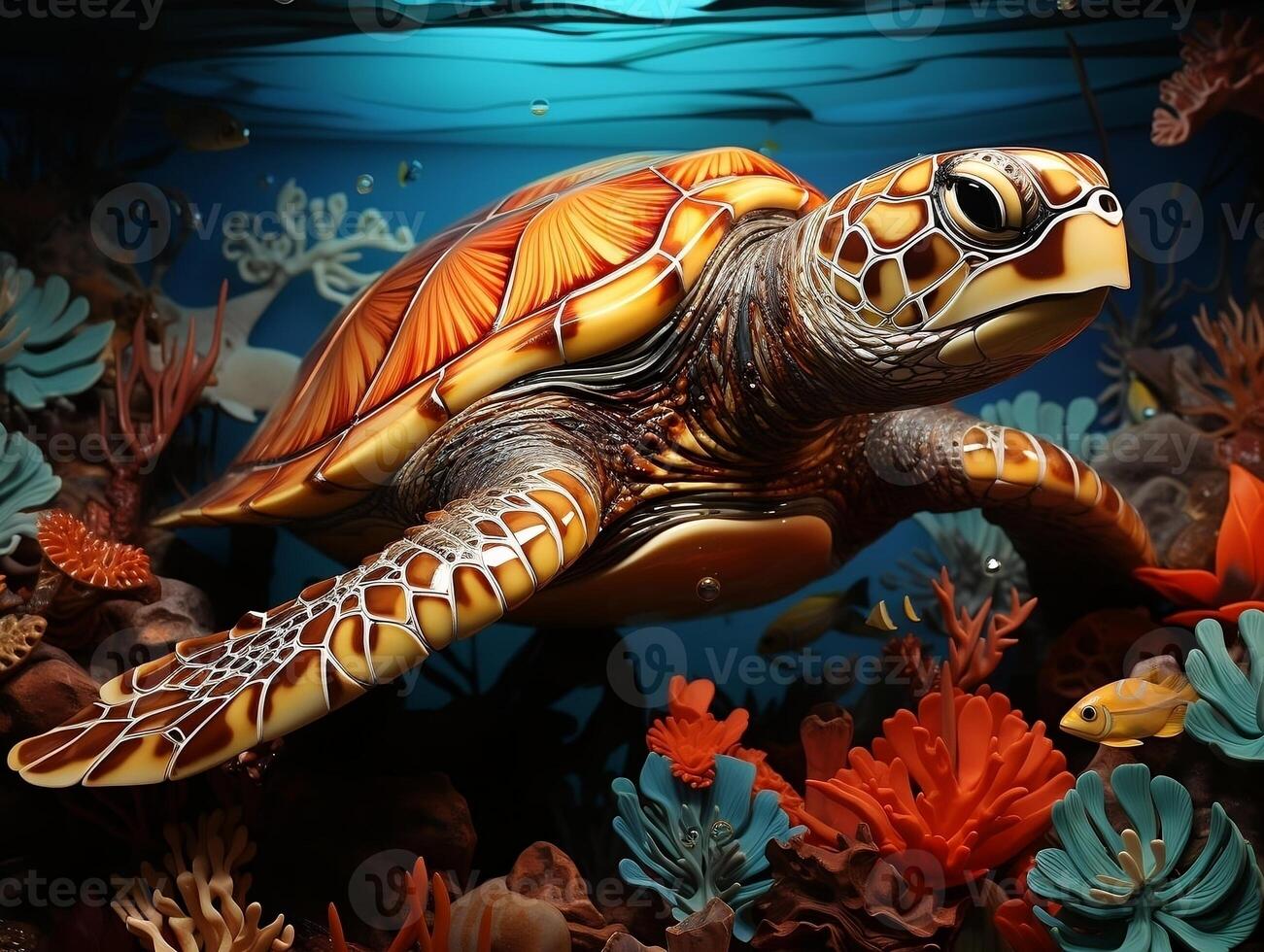 An enchanting wall art mosaic depicting an underwater world teeming with marine creatures and sea turtles swimming gracefully generative ai photo