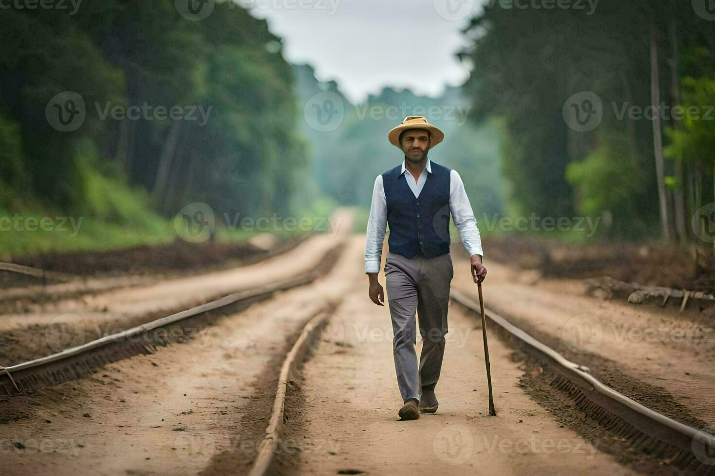 a man in a hat and vest walking on a train track. AI-Generated photo