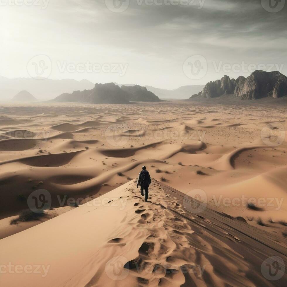 A panoramic shot of a vast desert landscape with a lone traveler trekking through the sand generative ai photo