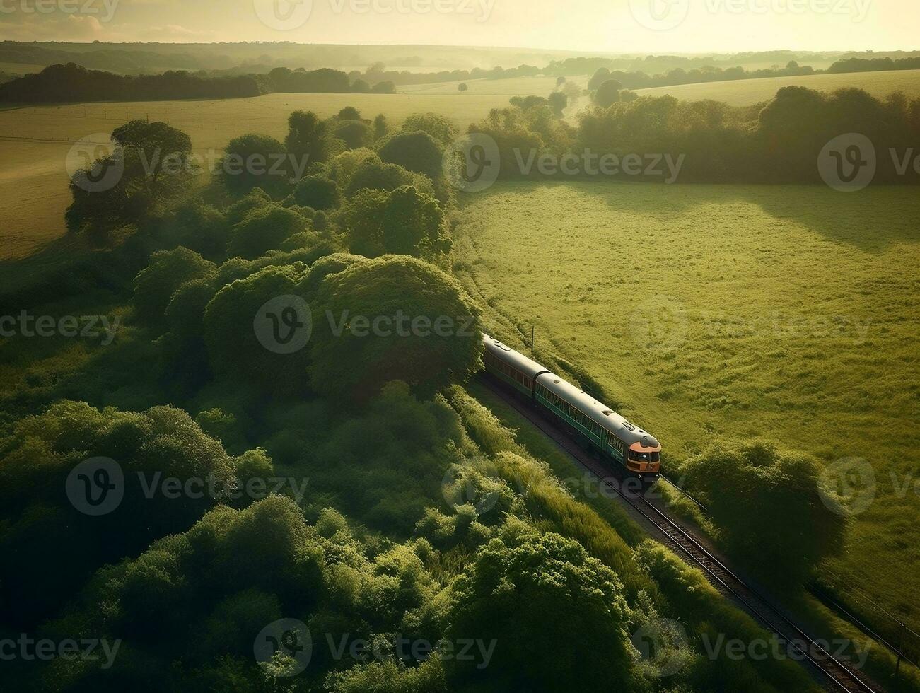 An aerial view of a train passing through a lush countryside generative ai photo