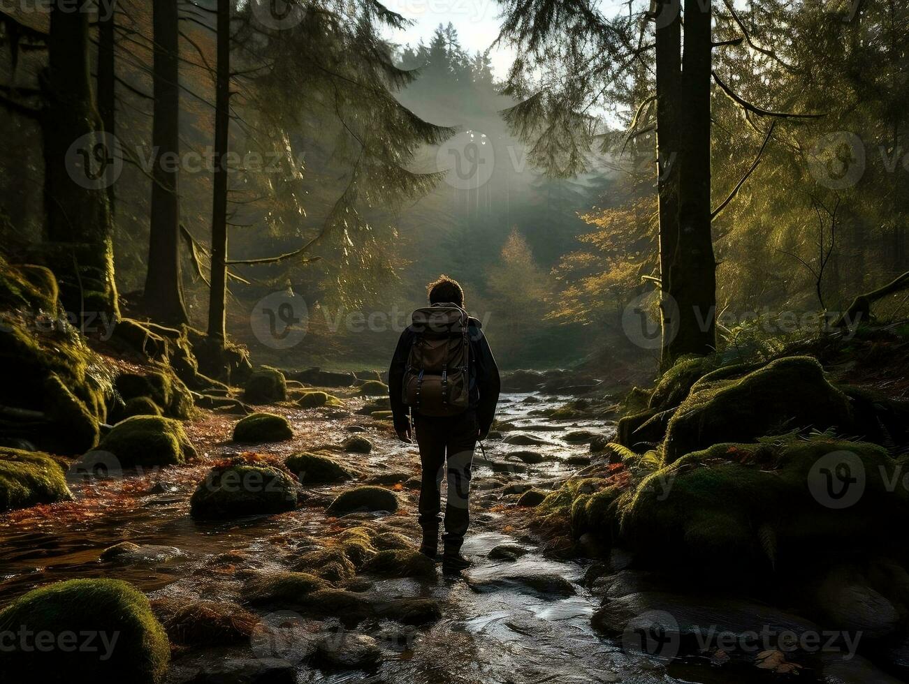 A backpacker hiking through a dense forest, sunlight streaming through the trees generative ai photo