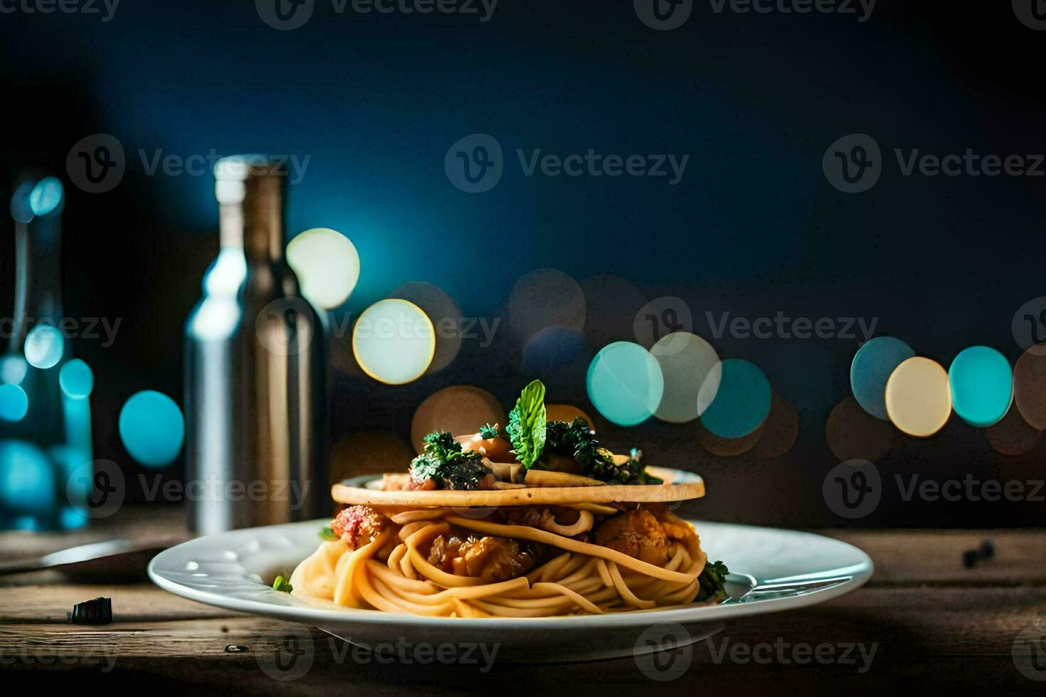 spaghetti with meat and vegetables on a plate. AI-Generated photo