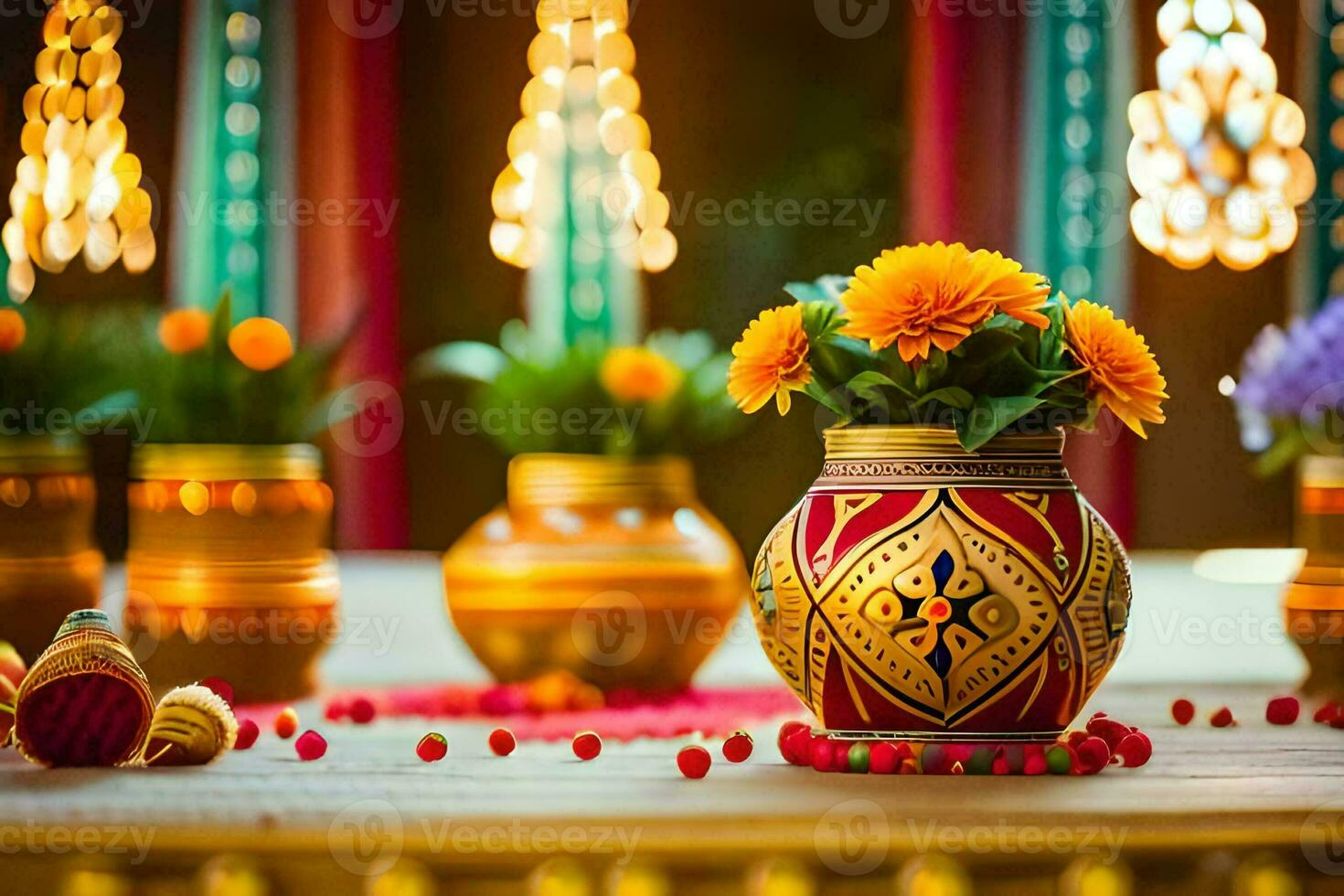 a table with colorful vases and decorations. AI-Generated photo
