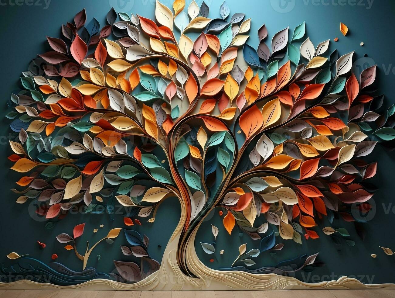 Colorful tree with multicolor leaves illustration background interior wall art decor generative ai photo