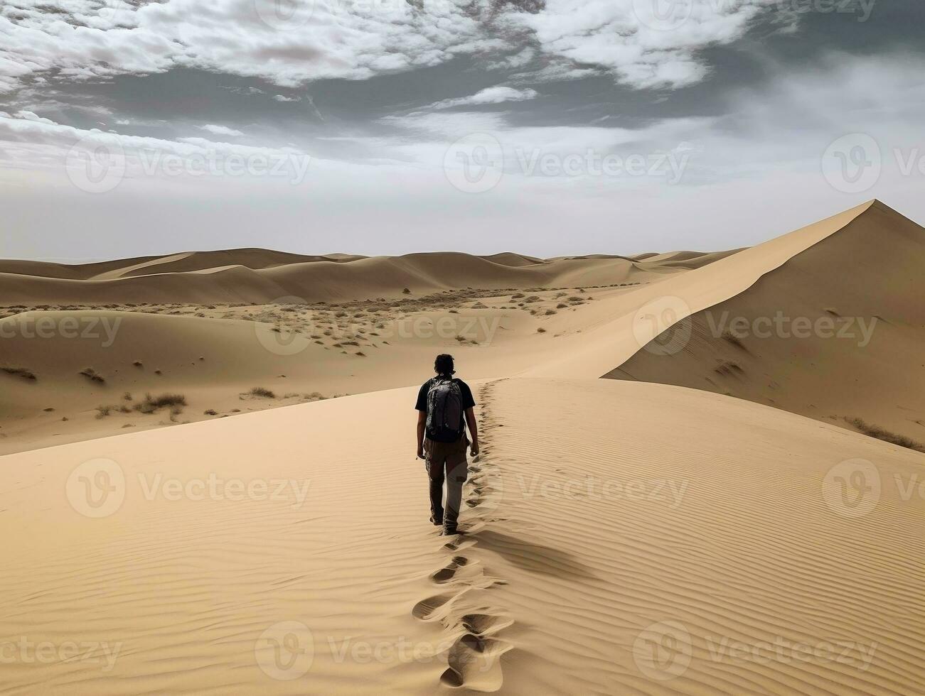 A panoramic shot of a vast desert landscape with a lone traveler trekking through the sand generative ai photo