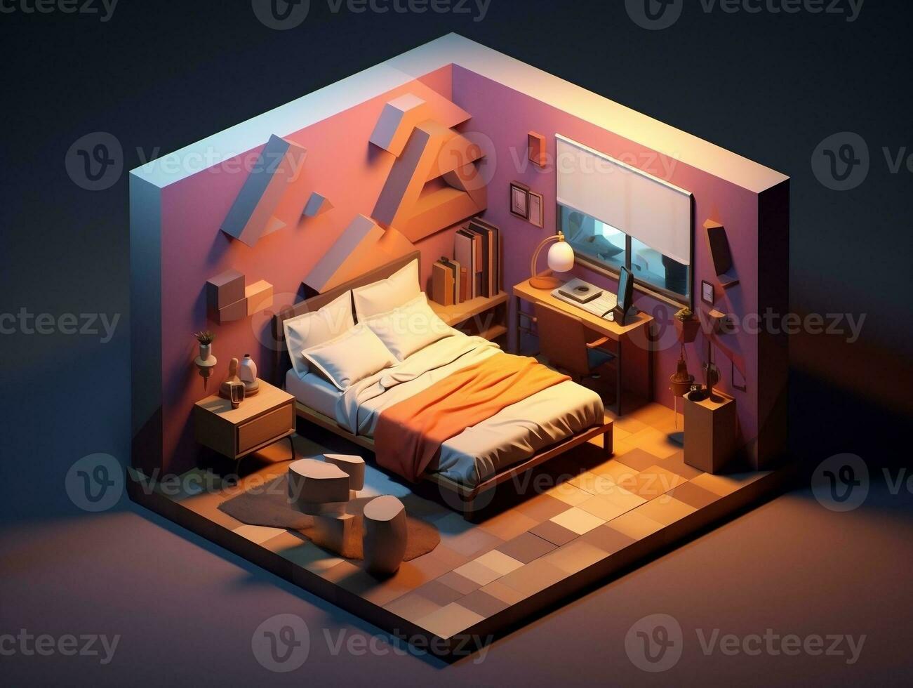 Low-poly isometric aesthetic bedroom, small 3D room with RGB lighting generative ai photo