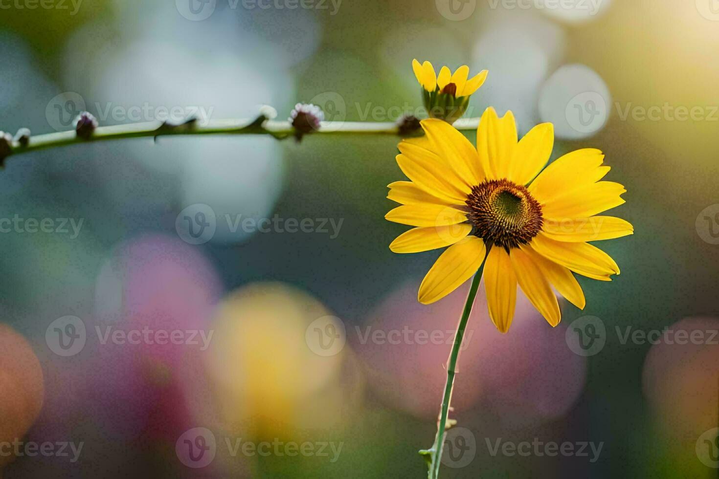 a single yellow flower is standing in front of a blurred background. AI-Generated photo