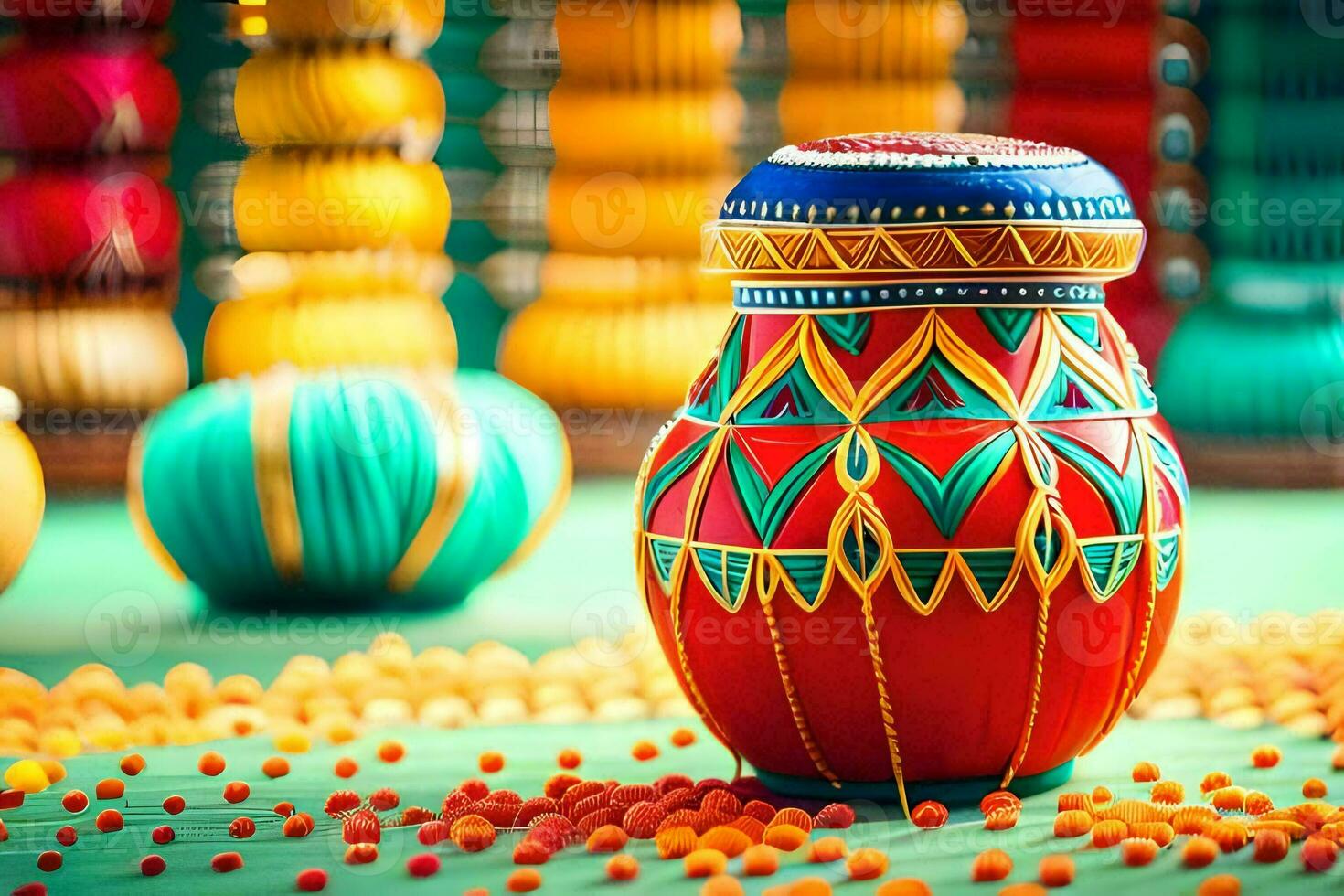 colorful vases on a green table with colorful balls. AI-Generated photo